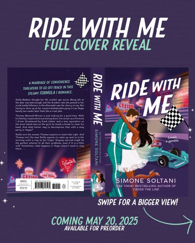 RIDE WITH ME full cover reveal! 💜

to celebrate receiving the first finished copy of RWM yesterday, I figured I would share the full cover wrap!

when it came time to design this cover, I had a few things in mind for what I wanted to see: the neon lights of Las Vegas, Stella in her little white dress, and Thomas looking at her adoringly. the amazing @lenikauffman took all those ideas, worked her magic, and created something outside of my wildest dreams. I didn’t even know it was possible to love a cover this much, but it is literally *perfect*. so thank you, Leni, for creating yet another masterpiece!

and big thank you to the design team at @berkleyromance for laying out the full cover so beautifully! seeing Stella and Thomas on the spine, matching Dev and Willow on theirs, is such a delight.

so excited for y’all to be able to have this beautiful book in your hands. don’t forget that you can preorder signed copies from @eastcitybookshop and @westendlanebooks (they also come with preorder goodies, like stickers and a bookmark). there’s also a special sprayed edge edition from @badwomenbooks that you can preorder (it’s stunning) 

🔗 to all these shops is in the usual place on my profile!

RIDE WITH ME releases May 20! (next month!!)

💍 Accidentally married in Vegas
🏎 Marriage of convenience
💍 F1 driver x bakery owner
🏎 Interracial couple (Black American FMC & White British MMC)
💍 Independent FMC x obsessed MMC
🏎 Dual POV & open door spice
💍 “My wife”