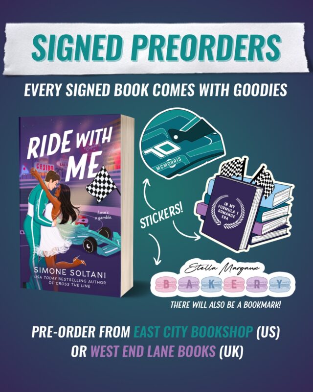 last chance for signed preorders & goodies! 💜

if you want a signed copy of RIDE WITH ME (and cute stickers) this is the final week to guarantee you can get your hands on a copy! preorder from @eastcitybookshop or @westendlanebooks and I’ll scribble my name in a book for you and probably draw some wonky hearts (because that’s the only drawing I’m capable of, best if I just stick to writing). 🔗s to order are in my bio!

just 8 days until RWM is out in the world!!!

💍 Accidentally married in Vegas
🏎 Marriage of convenience
💍 F1 driver x bakery owner
🏎 Interracial couple (Black American FMC & White British MMC)
💍 Independent FMC x obsessed MMC
🏎 Dual POV & open door spice
💍 “My wife”